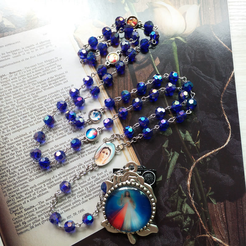 Our Lady of Fátima & Sacred Heart of Jesus of 6 mm Polyhedron Blue Crystal Alloy Chain Rosary