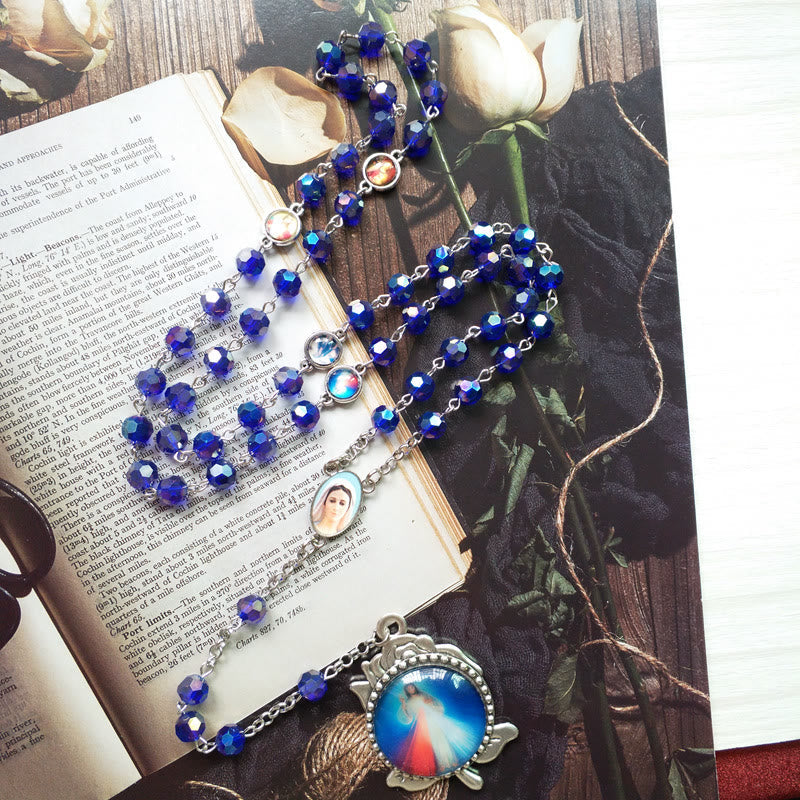 Our Lady of Fátima & Sacred Heart of Jesus of 6 mm Polyhedron Blue Crystal Alloy Chain Rosary