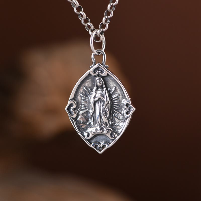 Retro Style Crafted Our Lady of Guadalupe Sterling Silver Pendant Necklace