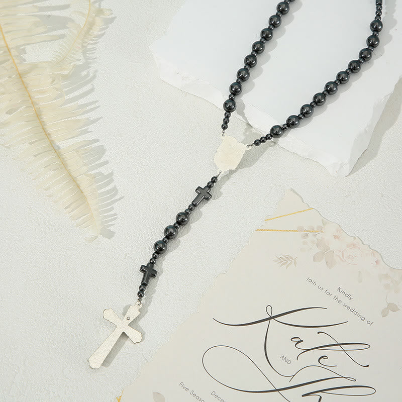 Holy Family & Crucifix of 8 mm Round Black Gallstone Nylon Cord Rosary
