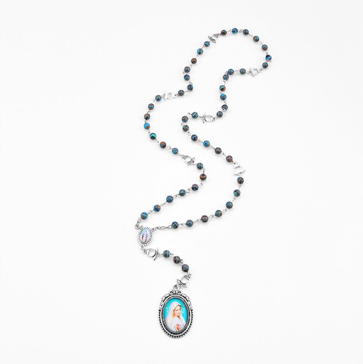 Miraculous Medal & Crucifix of 6 mm Round Green Malachite Alloy Chain Rosary