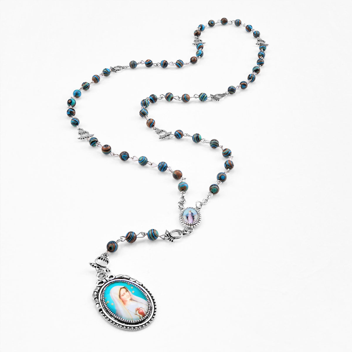 Miraculous Medal & Crucifix of 6 mm Round Green Malachite Alloy Chain Rosary