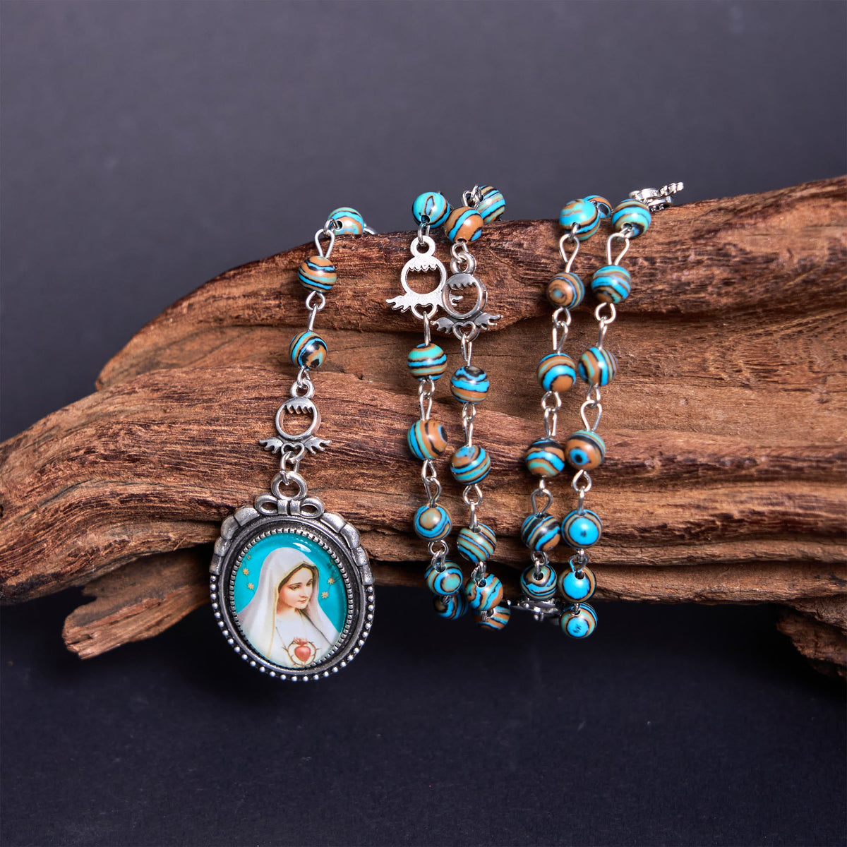 Miraculous Medal & Crucifix of 6 mm Round Green Malachite Alloy Chain Rosary