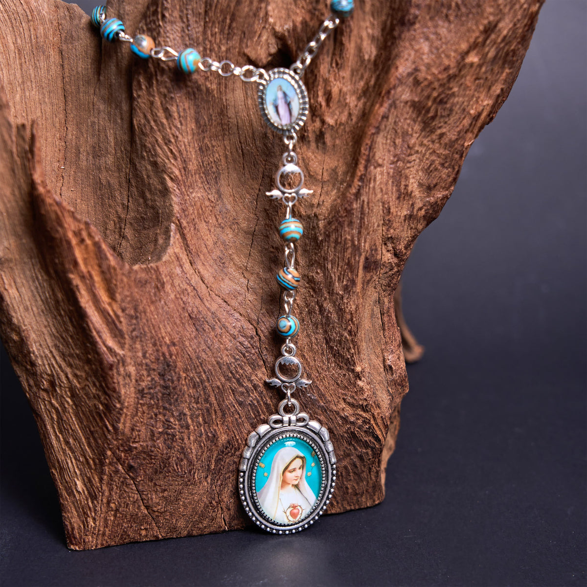 Miraculous Medal & Crucifix of 6 mm Round Green Malachite Alloy Chain Rosary