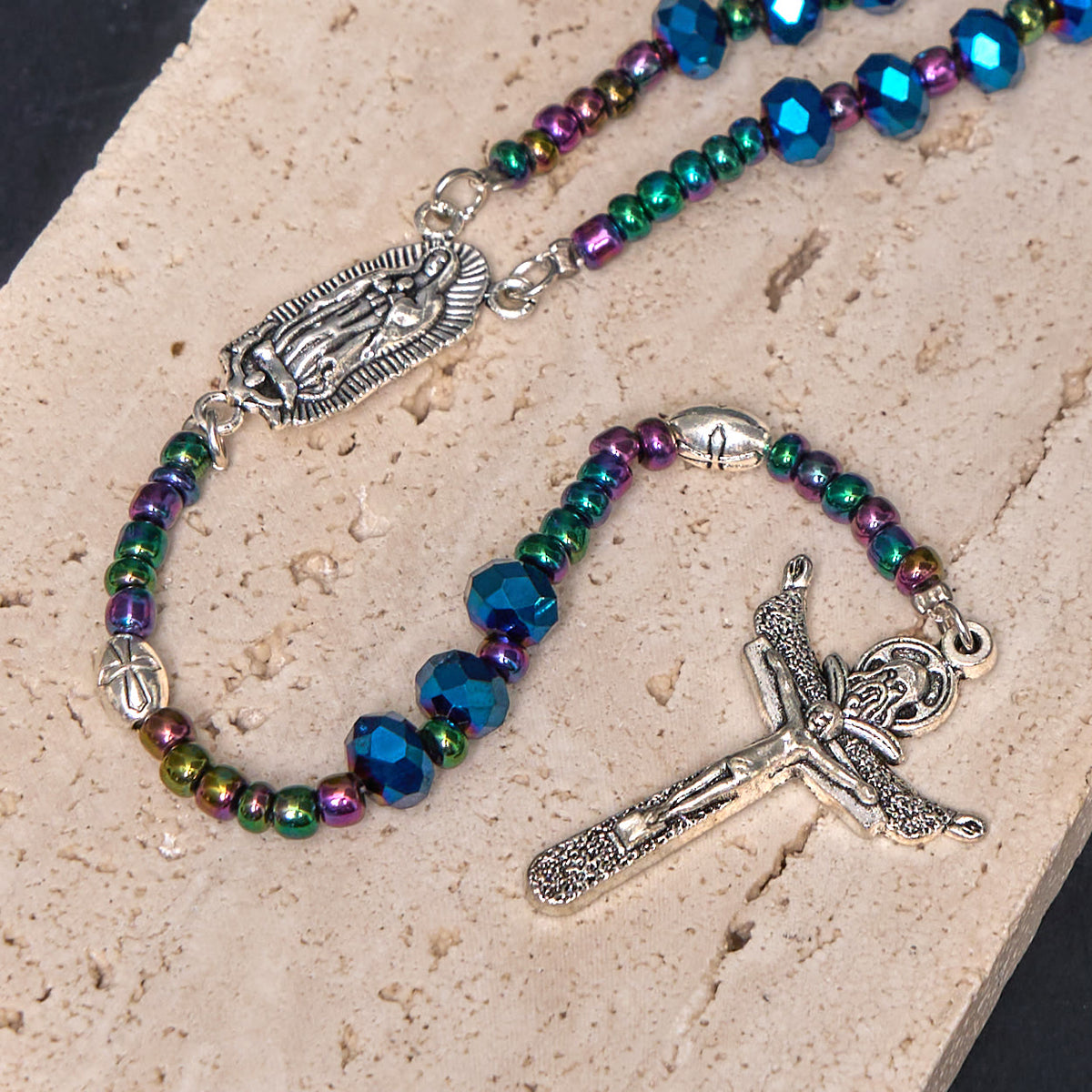 Our Lady of Guadalupe & Trinity Cross of 4*6 mm Polyhedron Blue Crystal Nylon Cord Rosary