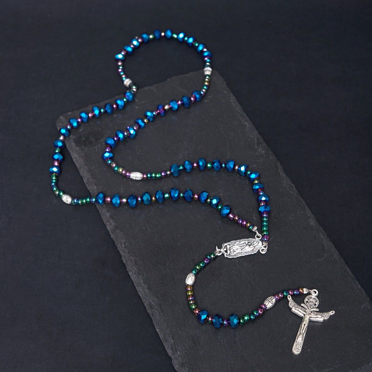 Our Lady of Guadalupe & Trinity Cross of 4*6 mm Polyhedron Blue Crystal Nylon Cord Rosary