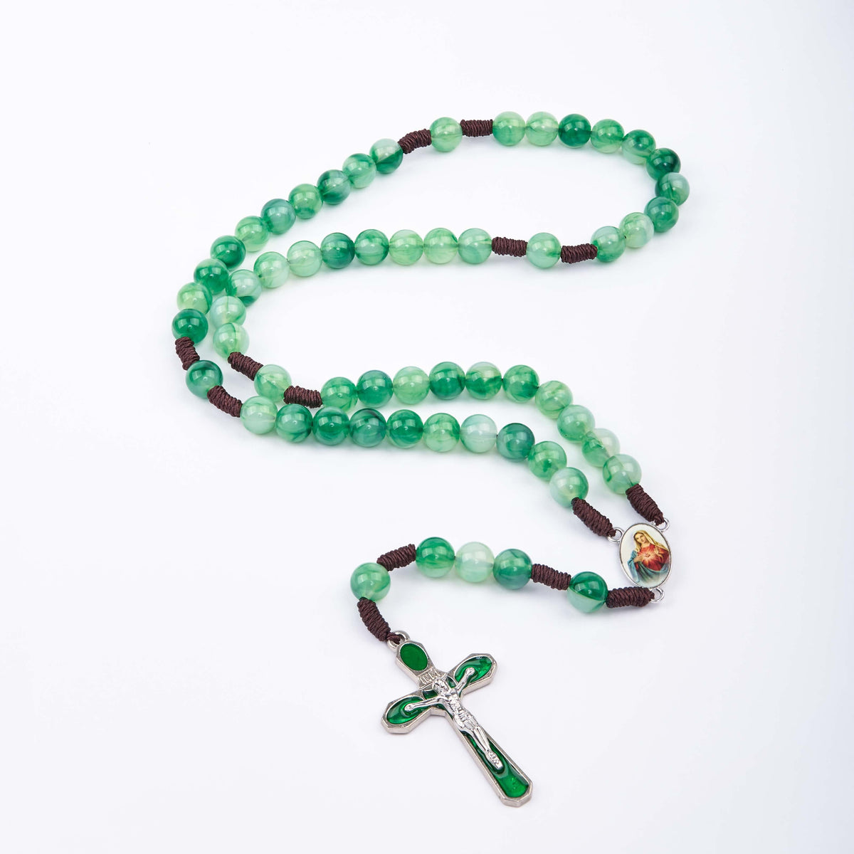 Immaculate Heart of Mary & Crucifix of 10 mm Round Green Acrylic Nylon Cord Rosary