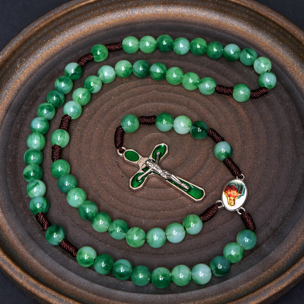Immaculate Heart of Mary & Crucifix of 10 mm Round Green Acrylic Nylon Cord Rosary