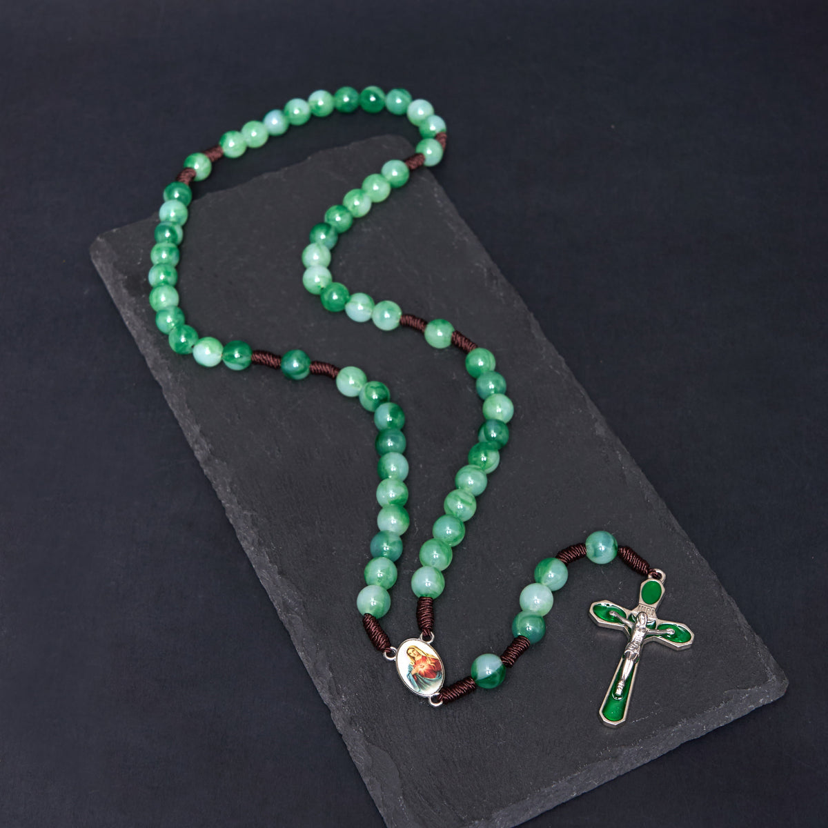 Immaculate Heart of Mary & Crucifix of 10 mm Round Green Acrylic Nylon Cord Rosary