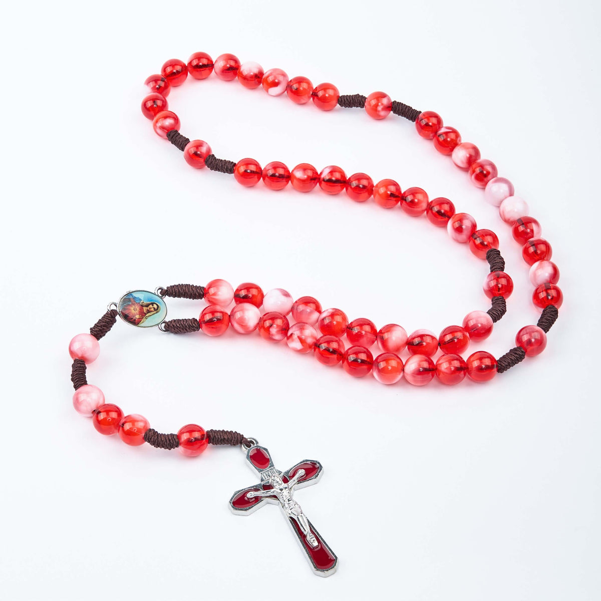 Immaculate Heart of Mary & Crucifix of 10 mm Round Red Acrylic Nylon Cord Rosary