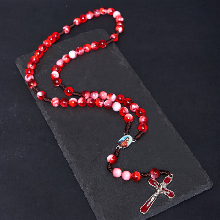 Immaculate Heart of Mary & Crucifix of 10 mm Round Red Acrylic Nylon Cord Rosary