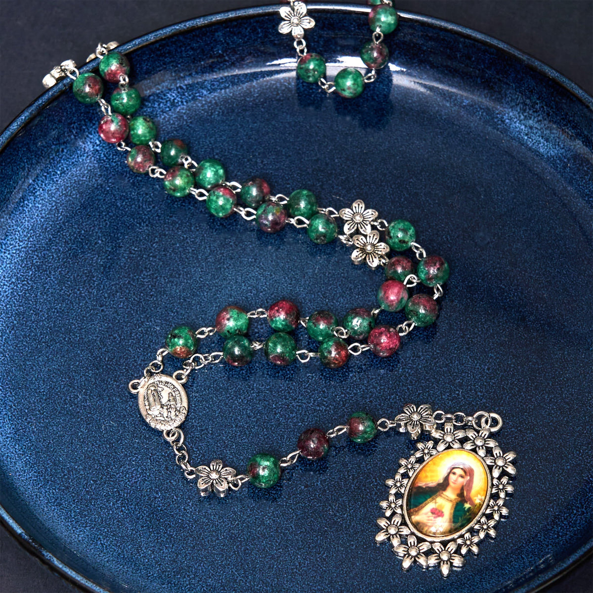 Our Lady of Fátima & Immaculate Heart of Mary of 8 mm Round Green Natural Stone Alloy Chain Rosary