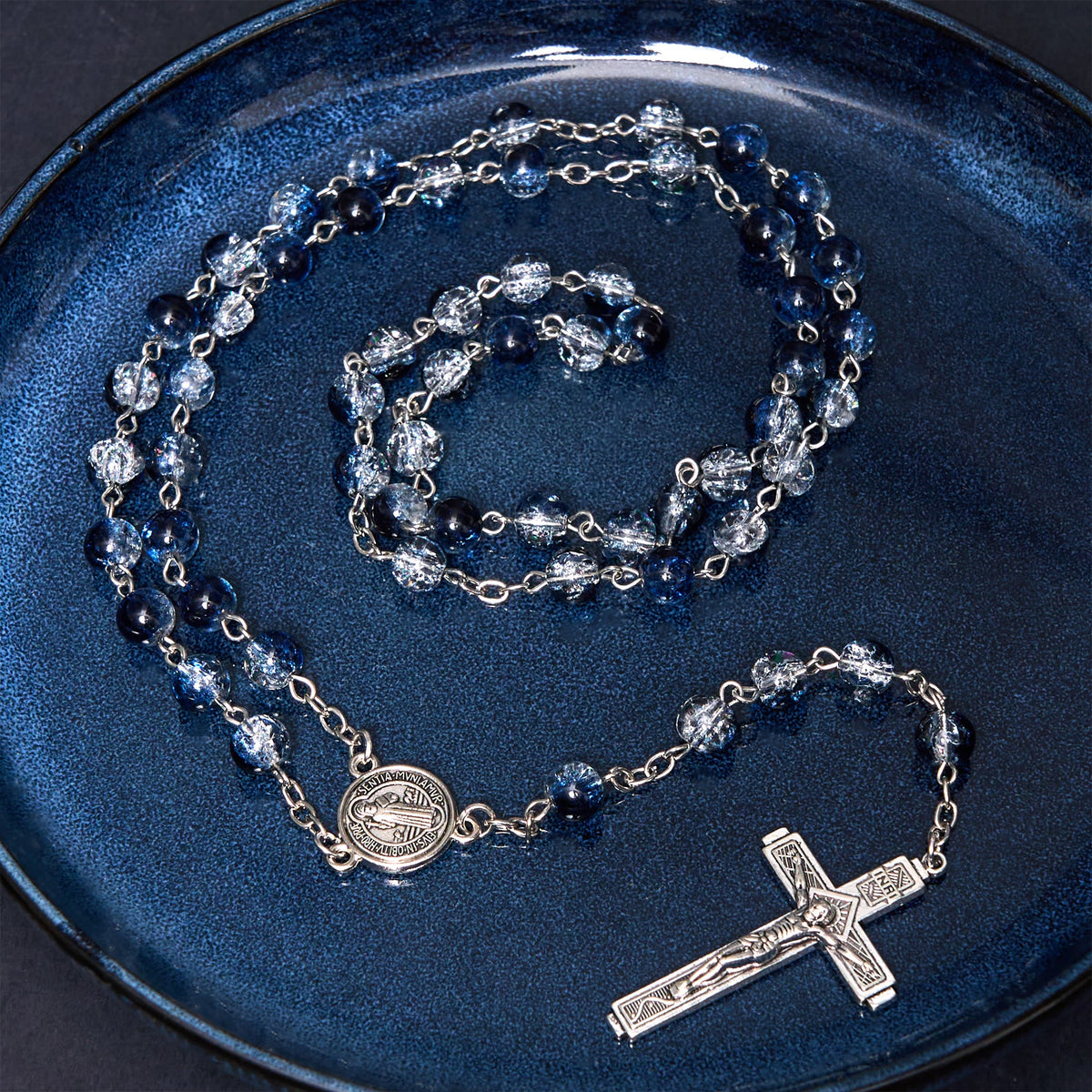 Classic Style St. Benedict Medal & Crucifix Blue Acrylic Rosary/Bracelet