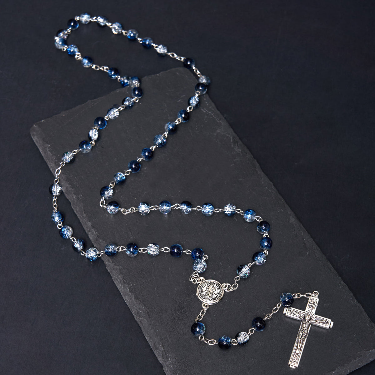 Classic Style St. Benedict Medal & Crucifix Blue Acrylic Rosary/Bracelet