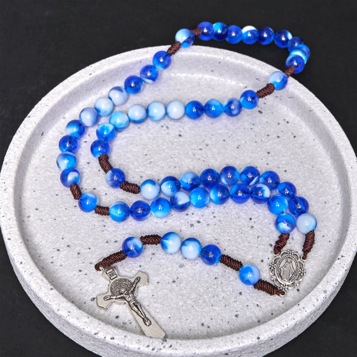 Miraculous Medal & Crucifix of 10 mm Round Blue/Purple Acrylic Nylon Cord Rosary