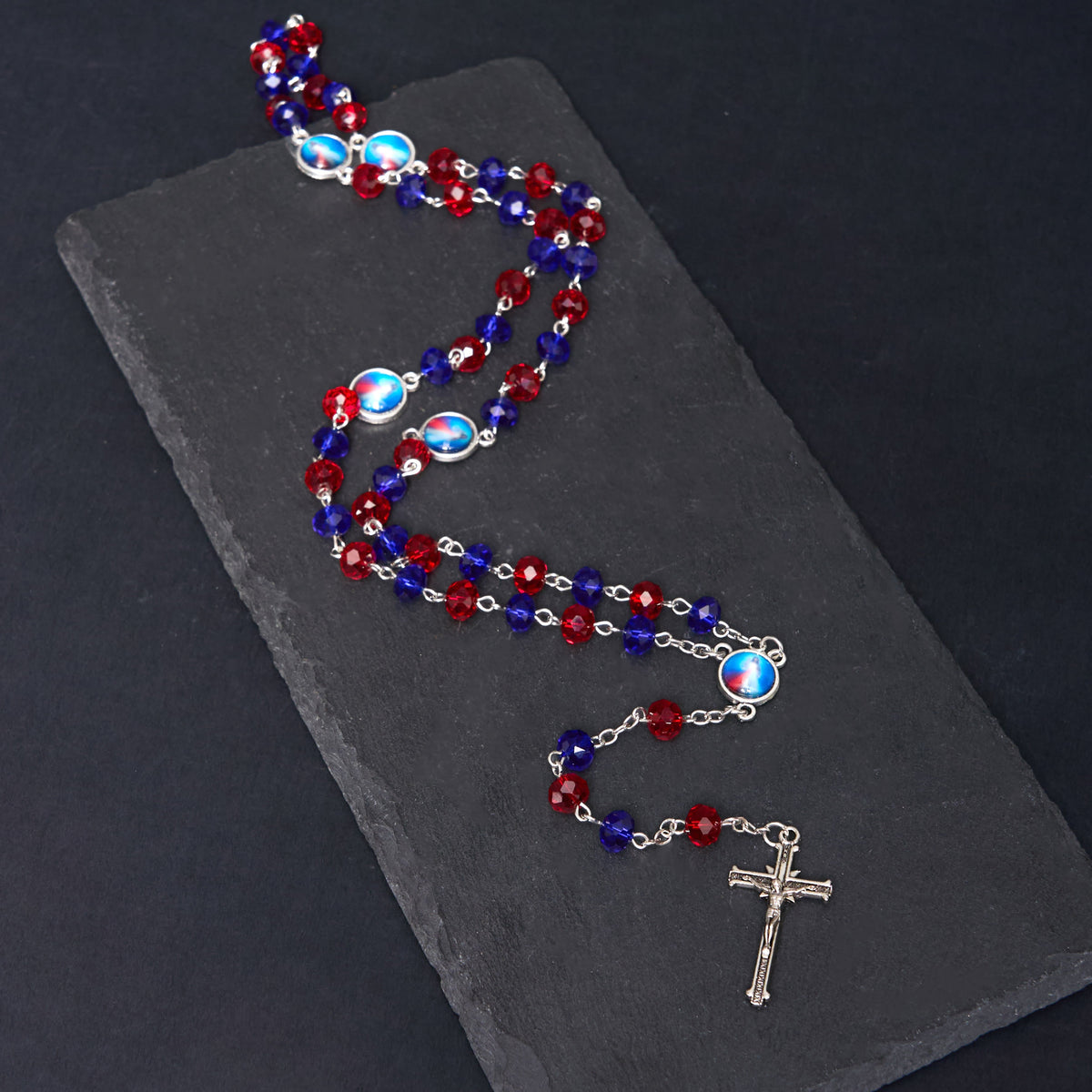 Sacred Heart of Jesus & Crucifix of 6*8 mm Polyhedron Multicolor Crystal Alloy Chain Rosary