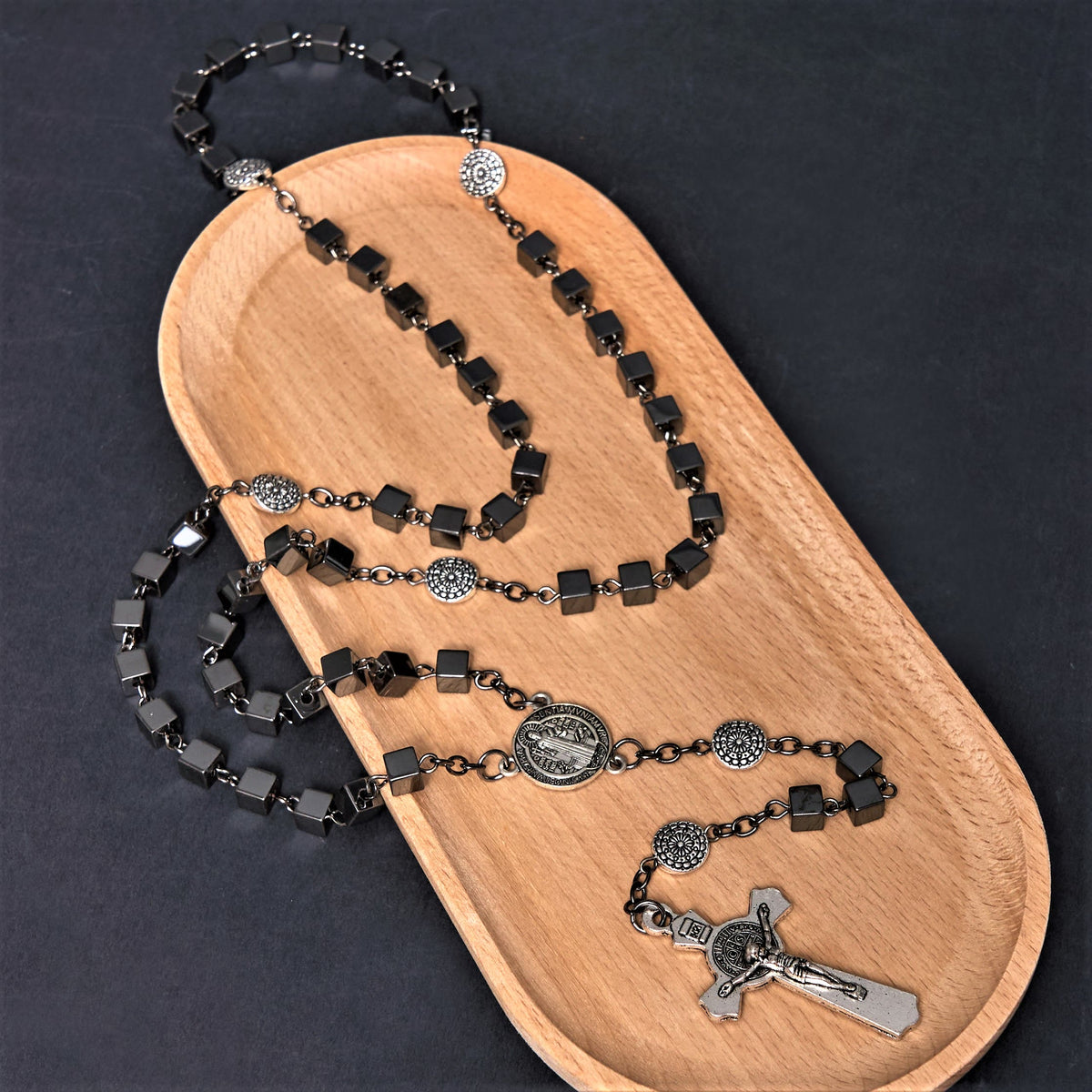 St. Benedict Medal & Crucifix of 6 mm Square Black Gallstone Alloy Chain Rosary