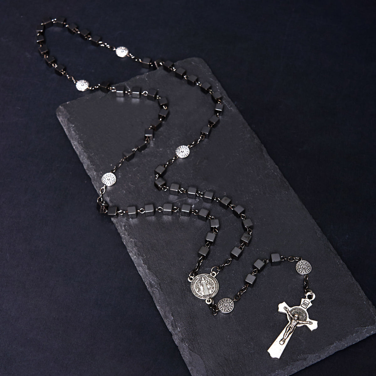 St. Benedict Medal & Crucifix of 6 mm Square Black Gallstone Alloy Chain Rosary