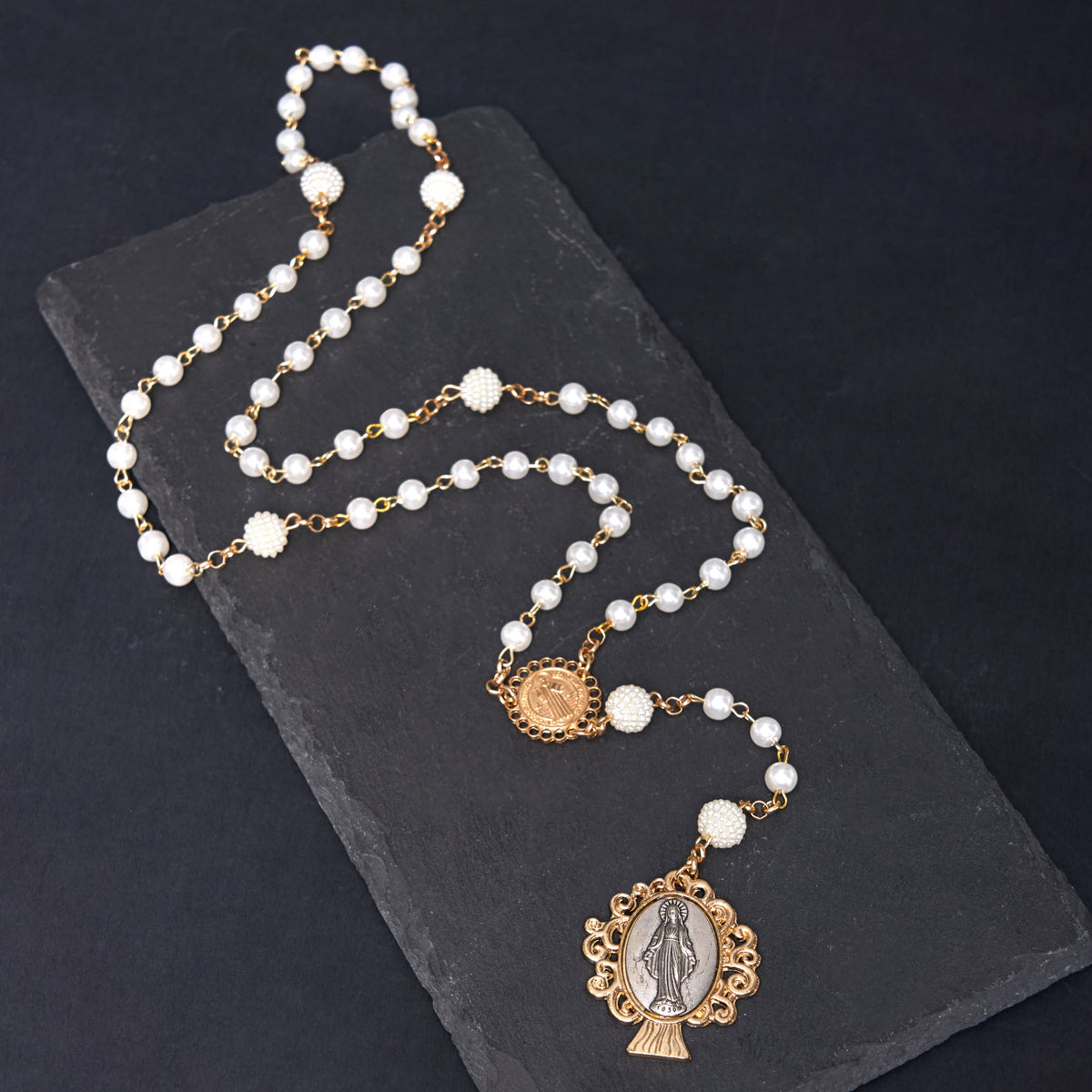 St. Benedict Medal & Miraculous Medal of 6*10 mm Round White Pearl Alloy Chain Rosary