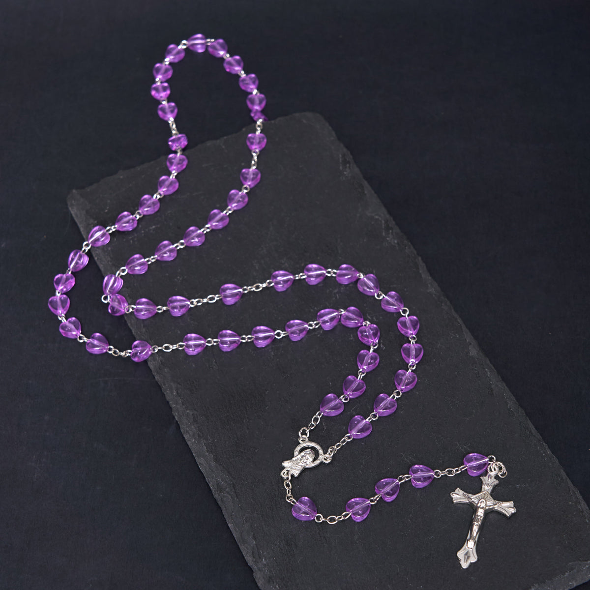 Our Lady of the Rosary & Crucifix of 8 mm Heart Purple Acrylic Alloy Chain Rosary