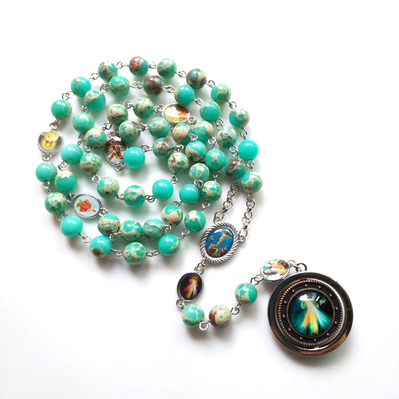 Crucifix & Madonna and Child of 8 mm Round Green Snakeskin Stone Alloy Chain Rosary