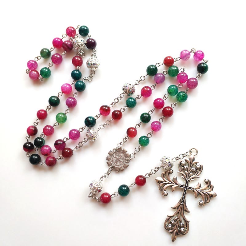 St. Benedict Medal & Cross of 8 mm Round Multicolor Natural Tourmaline Agate Alloy Chain Rosary