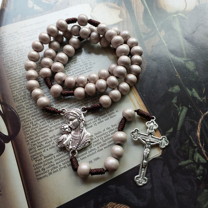 Madonna and Child & Crucifix of 10 mm Round Brown Wood Nylon Cord Rosary