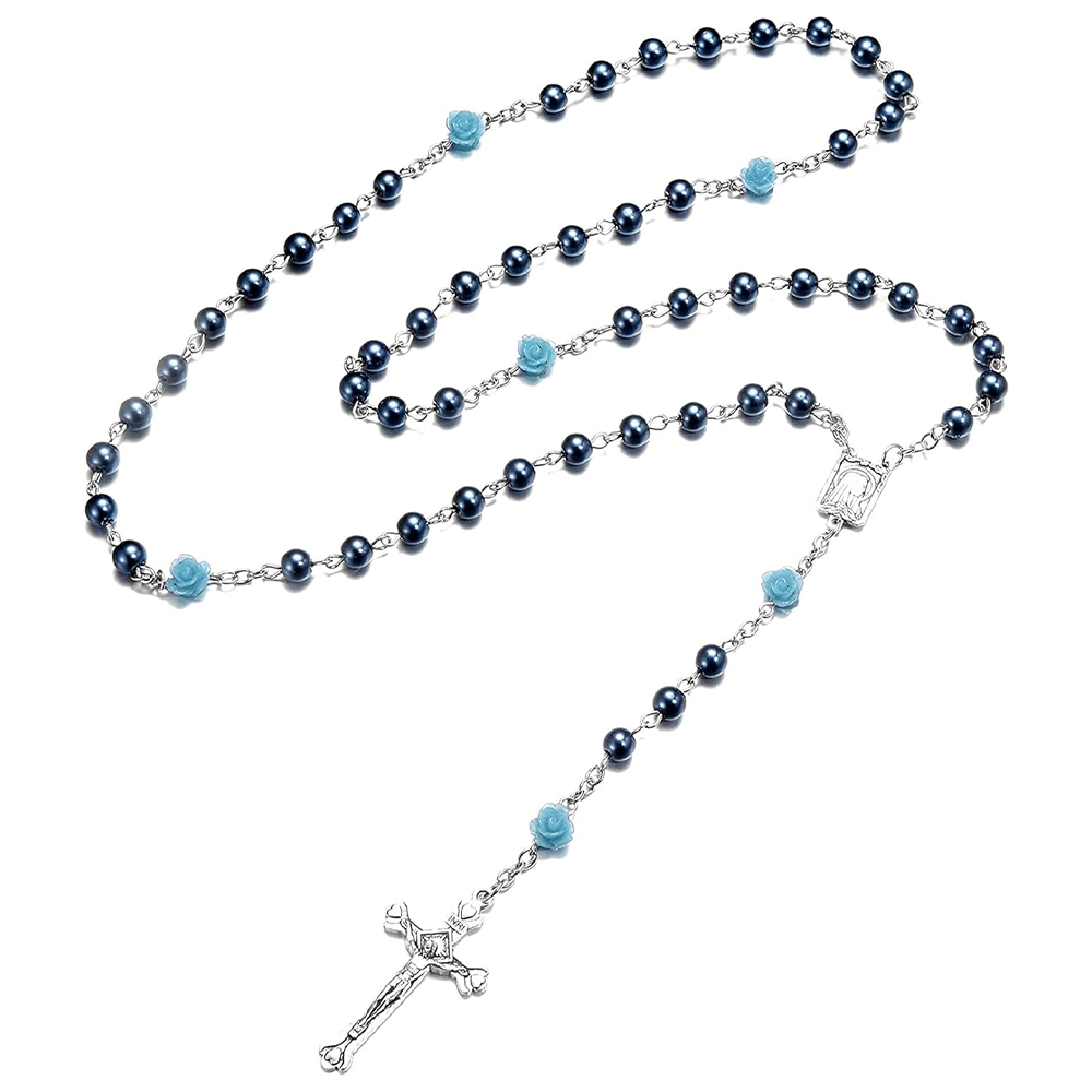Madonna in Profile & Crucifix of 6 mm Rose Round Multicolor Pearl Alloy Chain Rosary(8 colors)