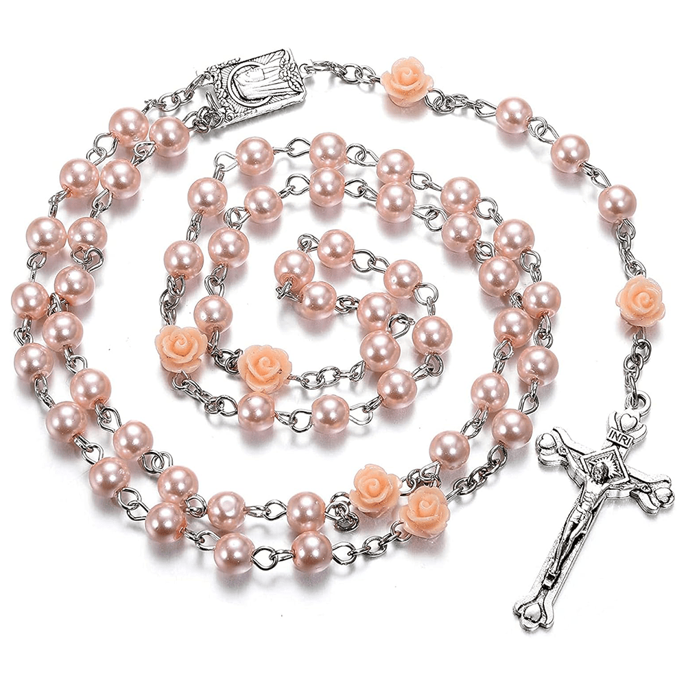 Madonna in Profile & Crucifix of 6 mm Rose Round Multicolor Pearl Alloy Chain Rosary(8 colors)