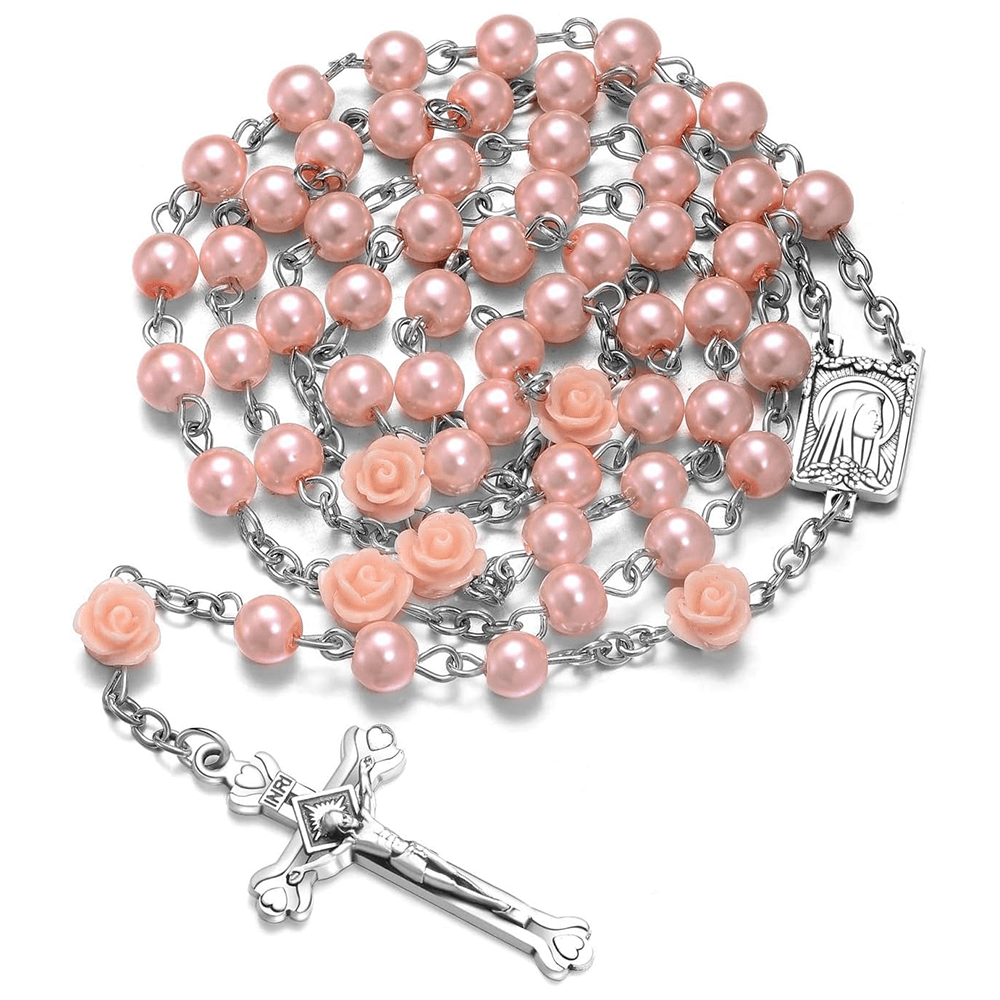 Madonna in Profile & Crucifix of 6 mm Rose Round Multicolor Pearl Alloy Chain Rosary(8 colors)