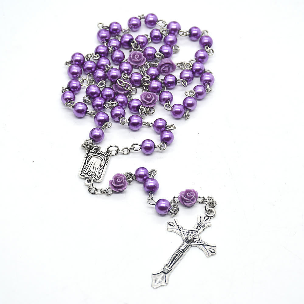 Madonna in Profile & Crucifix of 6 mm Rose Round Multicolor Pearl Alloy Chain Rosary(8 colors)