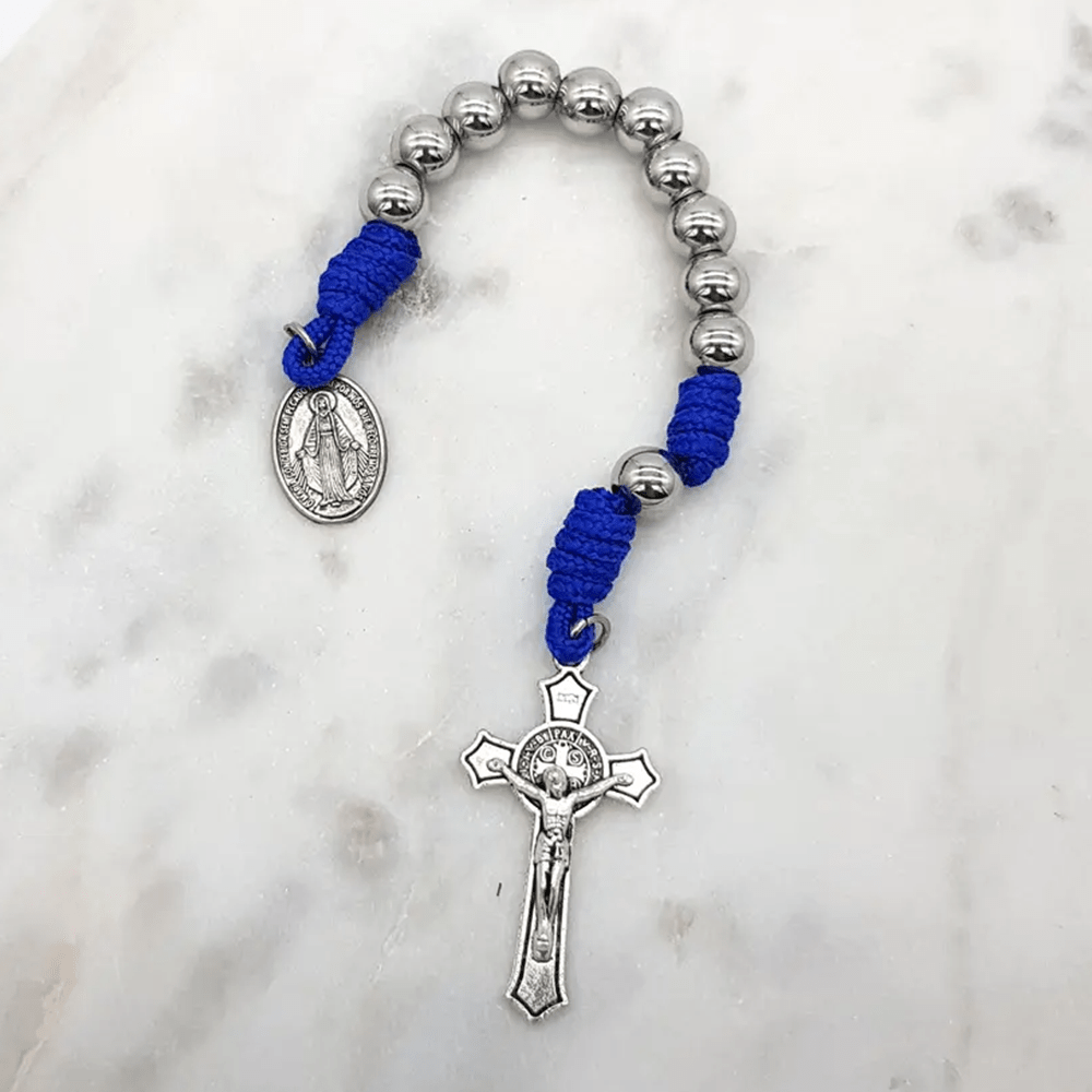 Miraculous Medal & Crucifix of 8 mm Round Silver Stainless Steel Blue Paracord Pocket Rosary