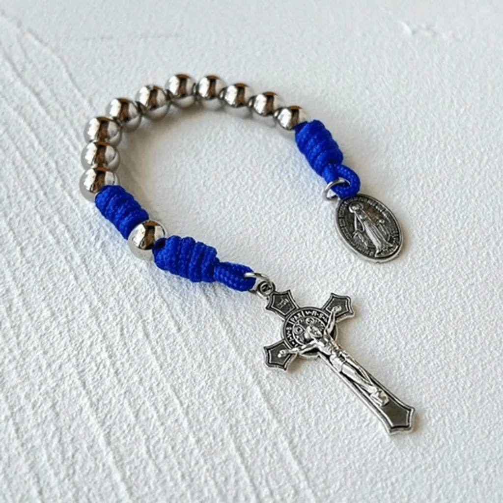 Miraculous Medal & Crucifix of 8 mm Round Silver Stainless Steel Blue Paracord Pocket Rosary