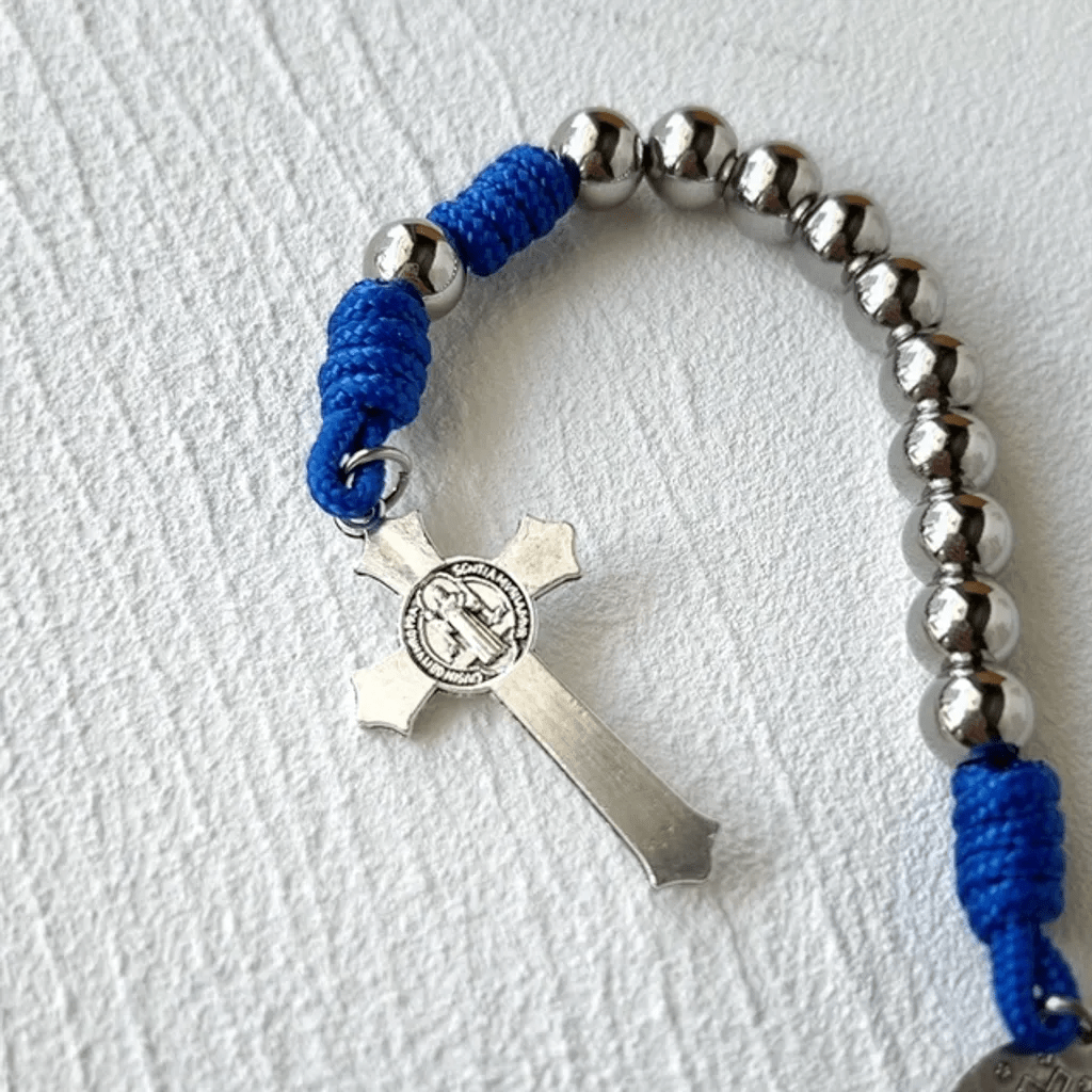 Miraculous Medal & Crucifix of 8 mm Round Silver Stainless Steel Blue Paracord Pocket Rosary