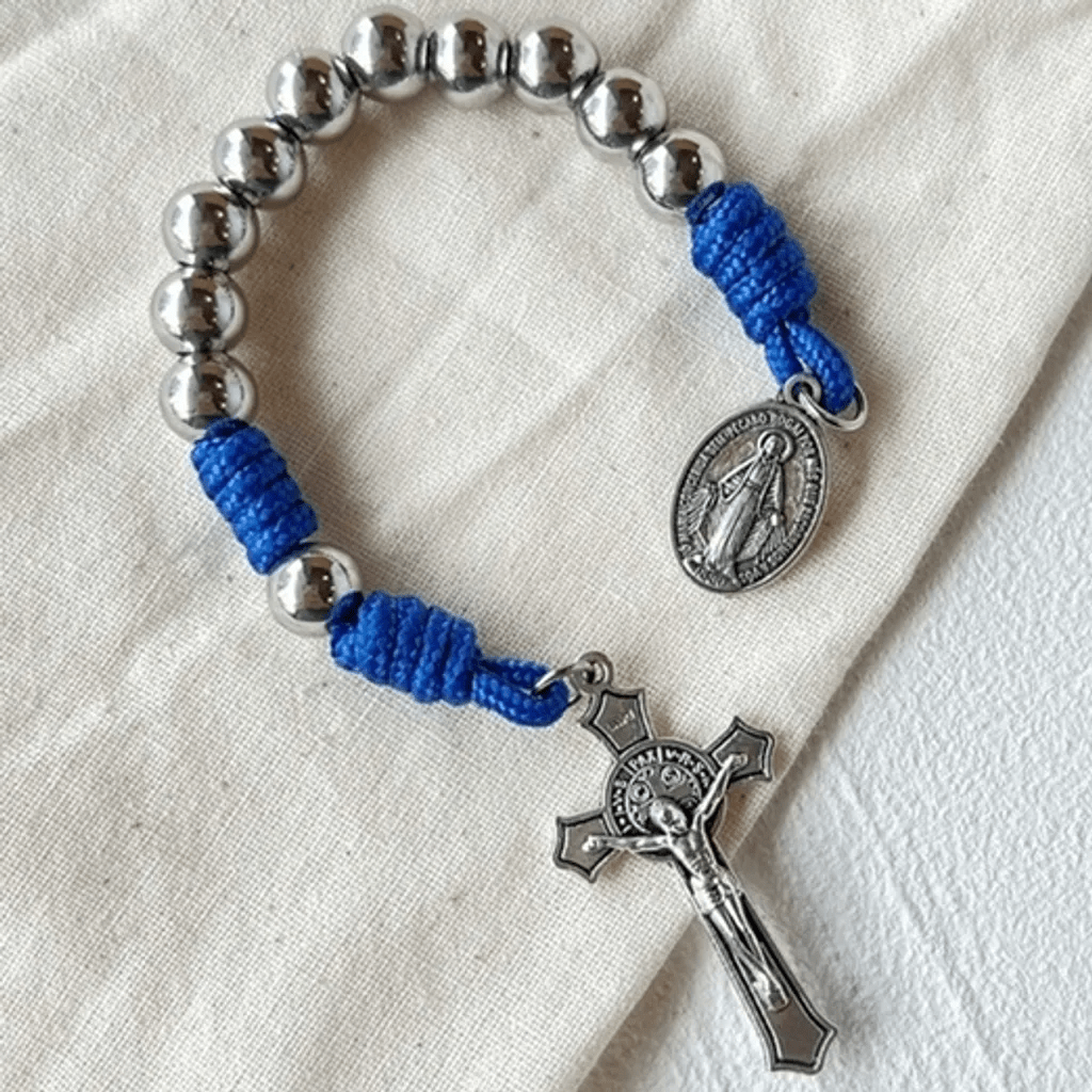 Miraculous Medal & Crucifix of 8 mm Round Silver Stainless Steel Blue Paracord Pocket Rosary