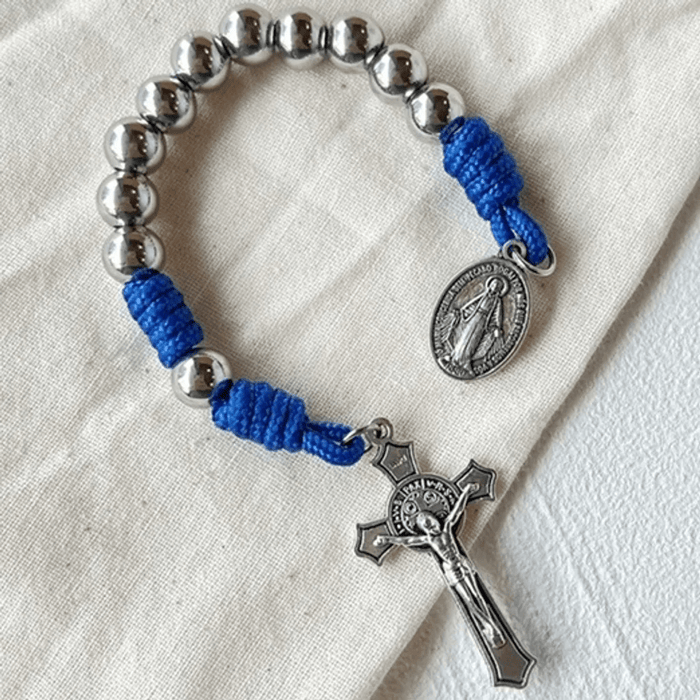 Miraculous Medal & Crucifix of 8 mm Round Silver Stainless Steel Blue Paracord Pocket Rosary