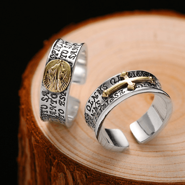 Retro Style Two-tone Gold Miraculous Medal Blessing Mary Alloy Adjustable Ring
