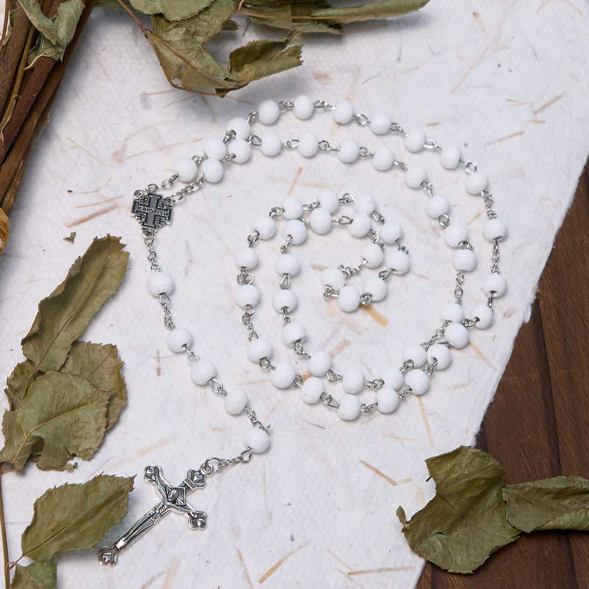 Jerusalem Medal & Crucifix of 7 mm Round White Rosewood Alloy Chain Rosary