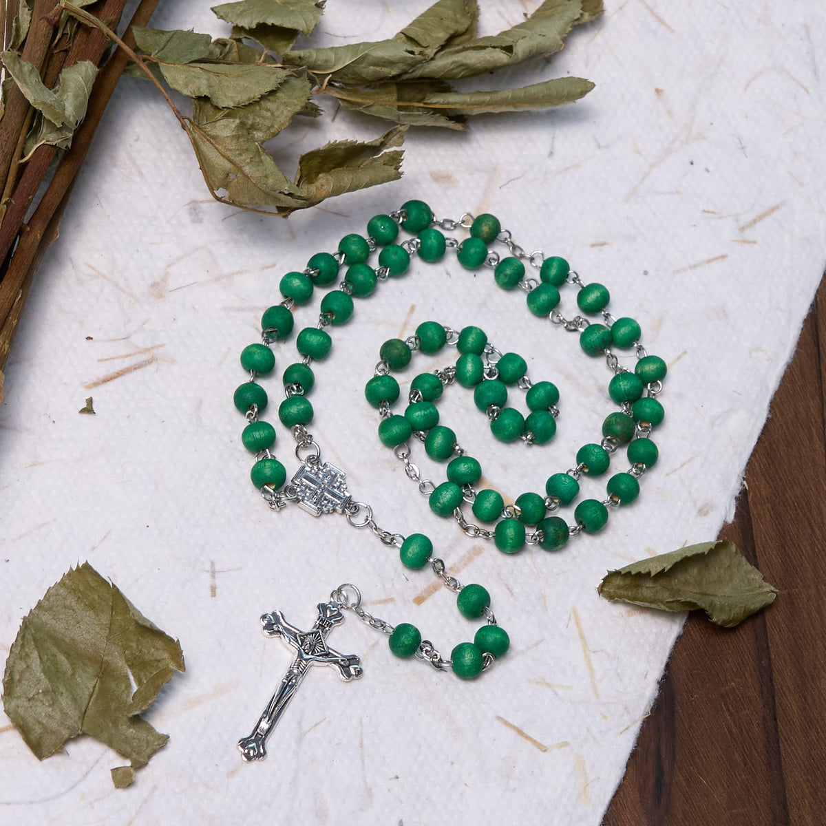 Jerusalem Medal & Crucifix of 7 mm Round White Rosewood Alloy Chain Rosary