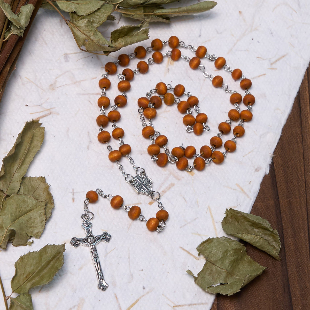 Jerusalem Medal & Crucifix of 7 mm Round White Rosewood Alloy Chain Rosary