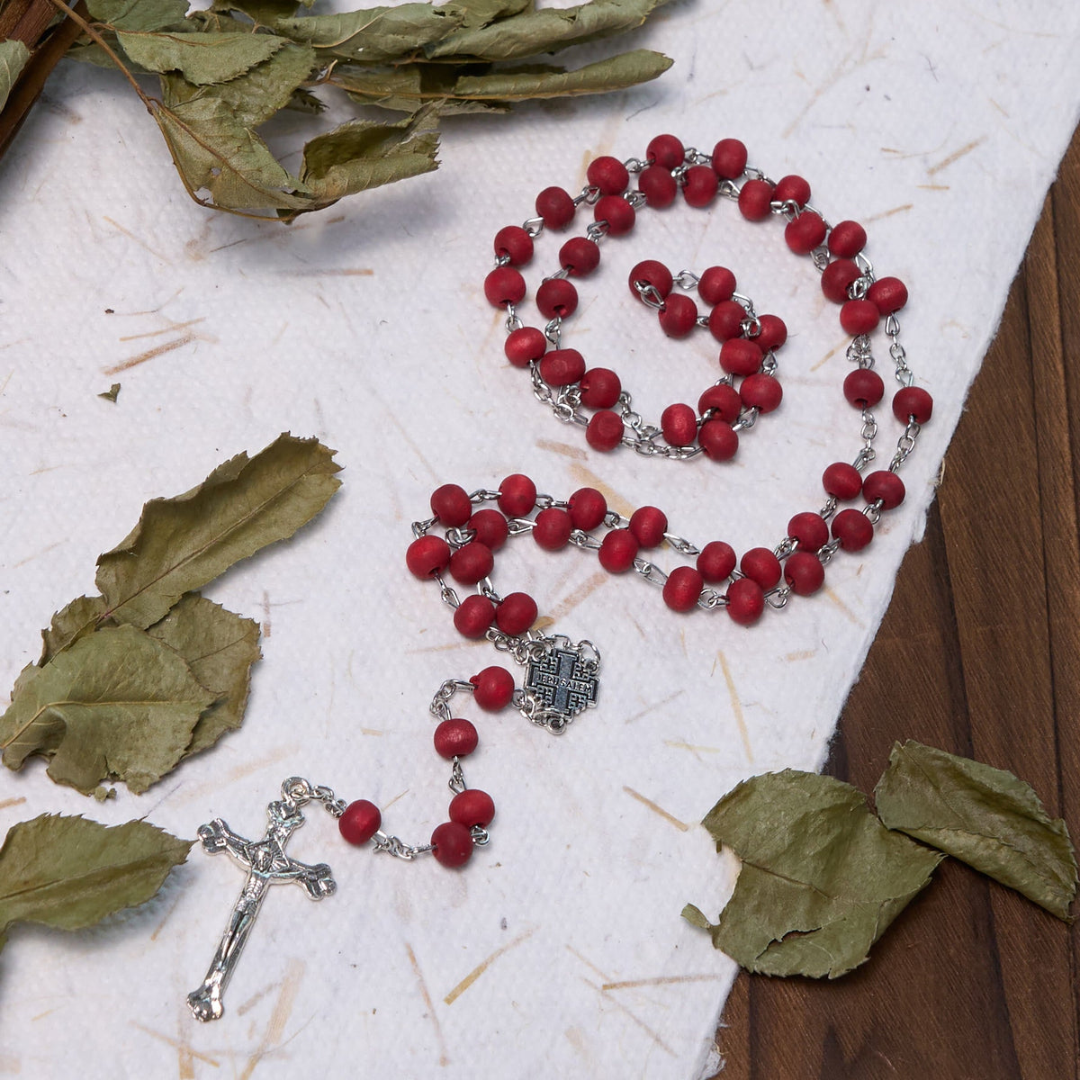 Jerusalem Medal & Crucifix of 7 mm Round White Rosewood Alloy Chain Rosary