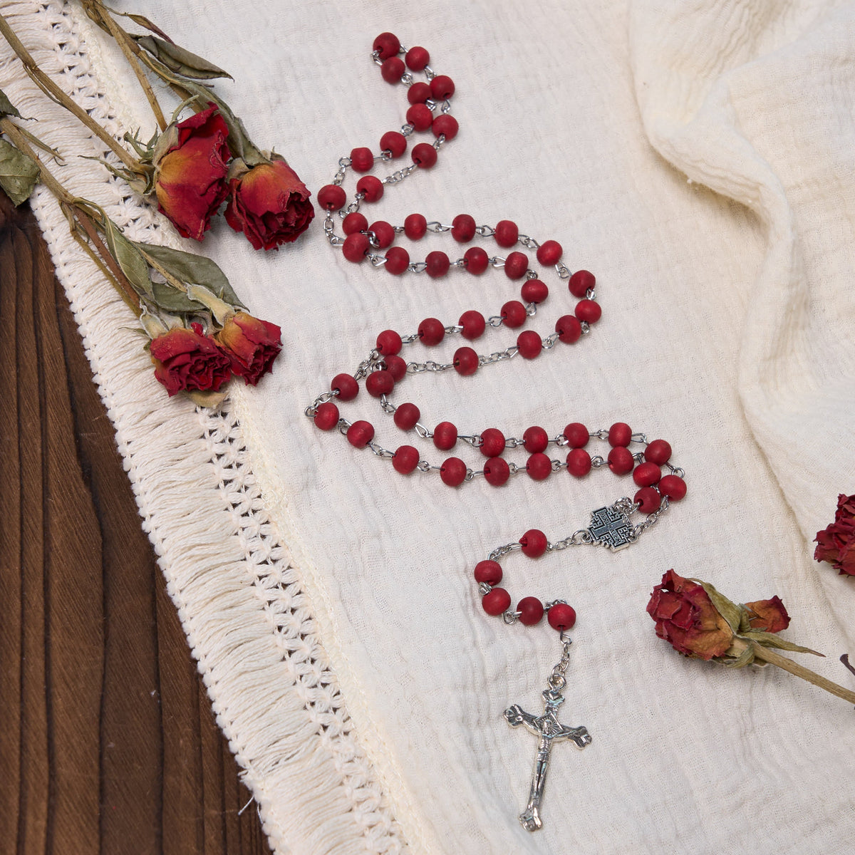 Jerusalem Medal & Crucifix of 7 mm Round White Rosewood Alloy Chain Rosary