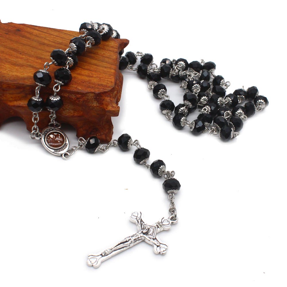 Madonna and Child & Crucifix of 6*8 mm Polyhedron Multicolor Glass Alloy Chain Rosary