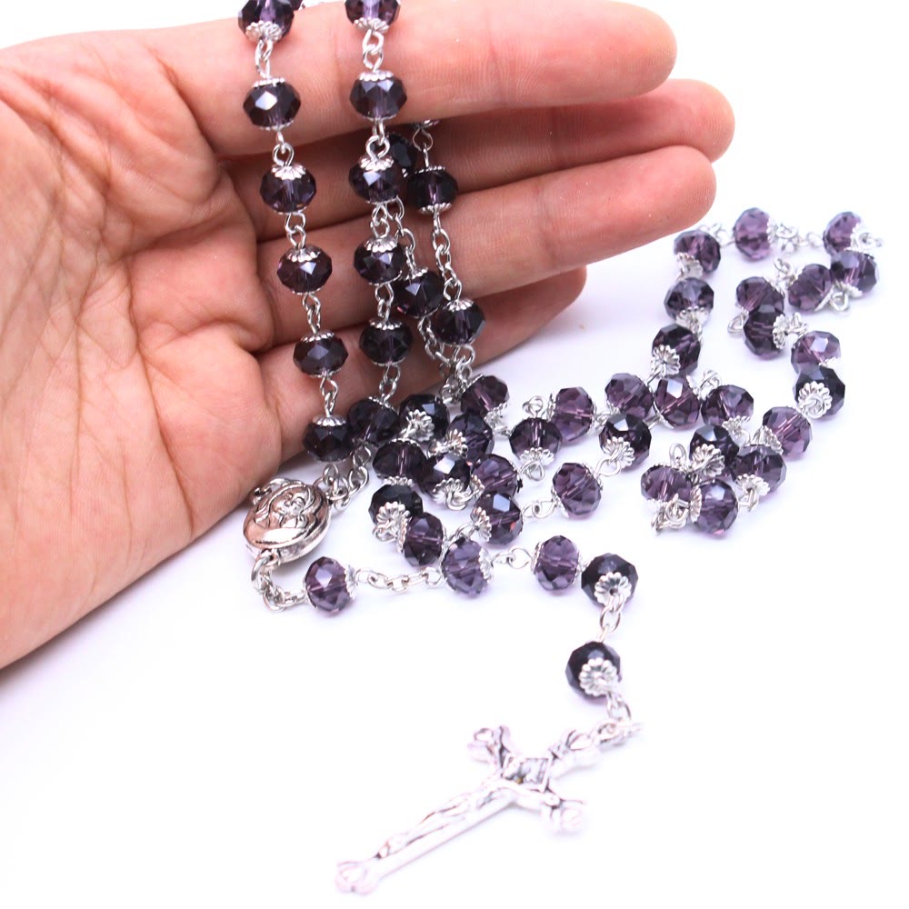 Madonna and Child & Crucifix of 6*8 mm Polyhedron Multicolor Glass Alloy Chain Rosary