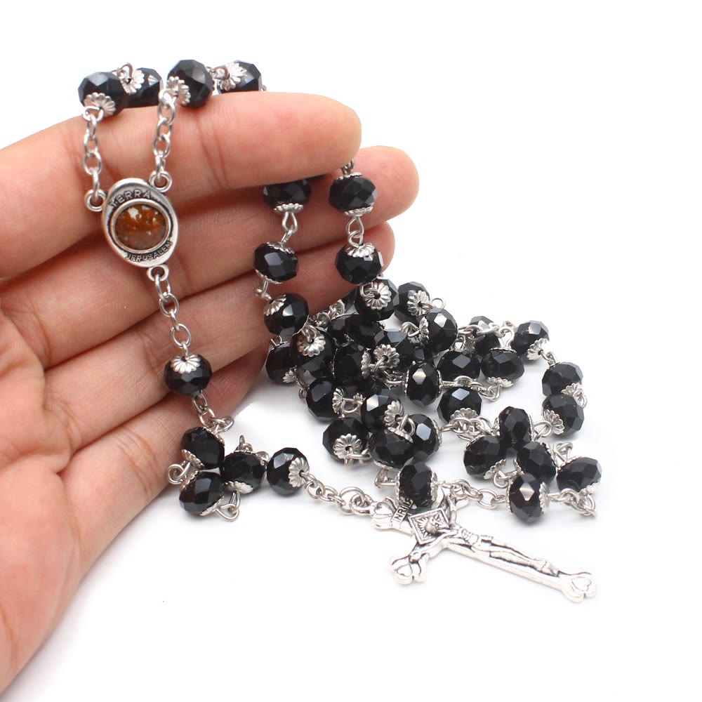 Madonna and Child & Crucifix of 6*8 mm Polyhedron Multicolor Glass Alloy Chain Rosary