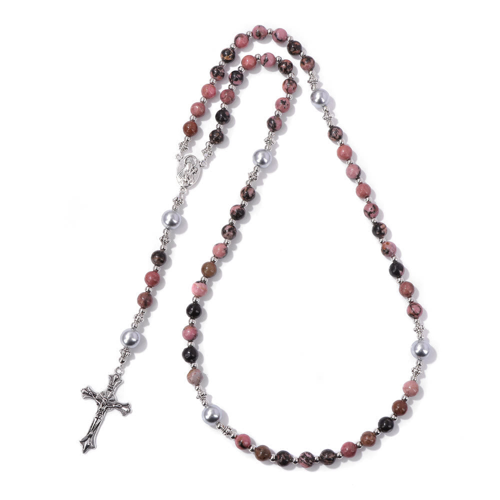 Natural Stone & Pearl Our Lady Medal Prayer Rosary