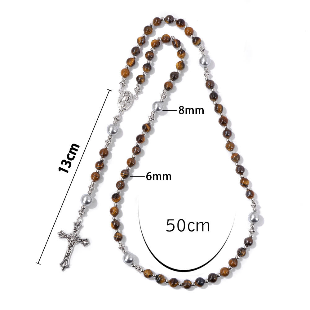 Natural Stone & Pearl Our Lady Medal Prayer Rosary