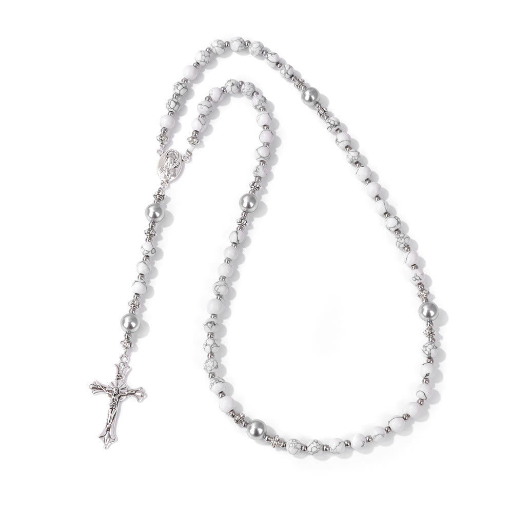 Natural Stone & Pearl Our Lady Medal Prayer Rosary