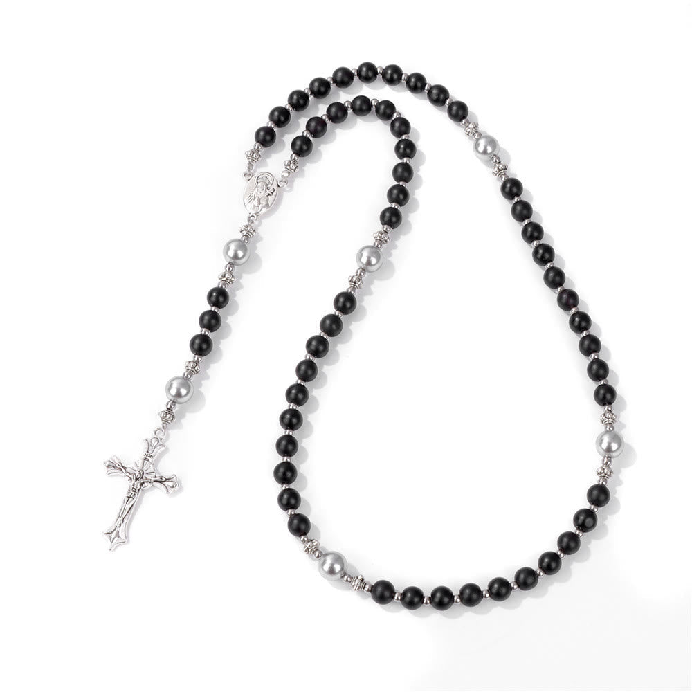Natural Stone & Pearl Our Lady Medal Prayer Rosary