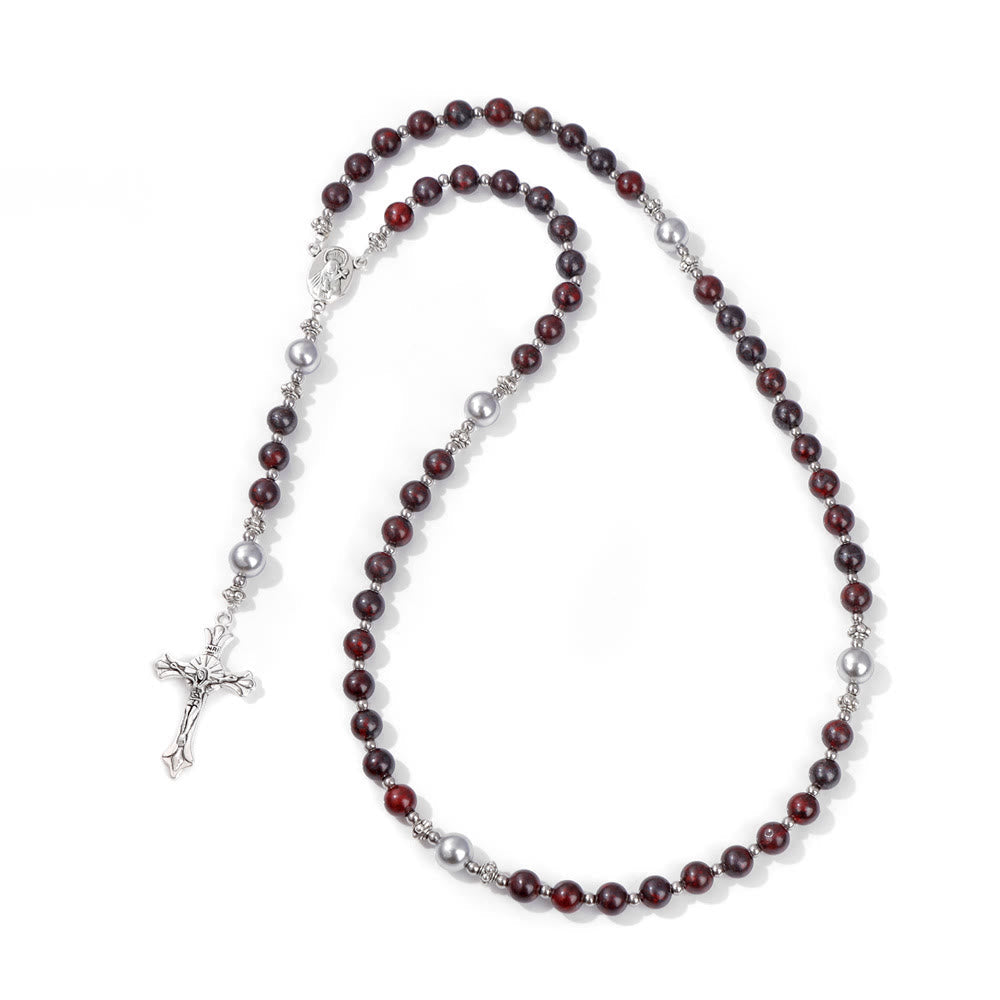 Natural Stone & Pearl Our Lady Medal Prayer Rosary